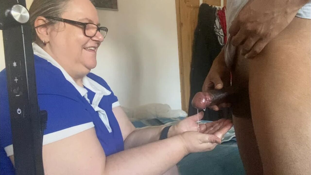 Hot Milf BBW Nurse Loves Black Cock in her hands. Interracial Handjob
