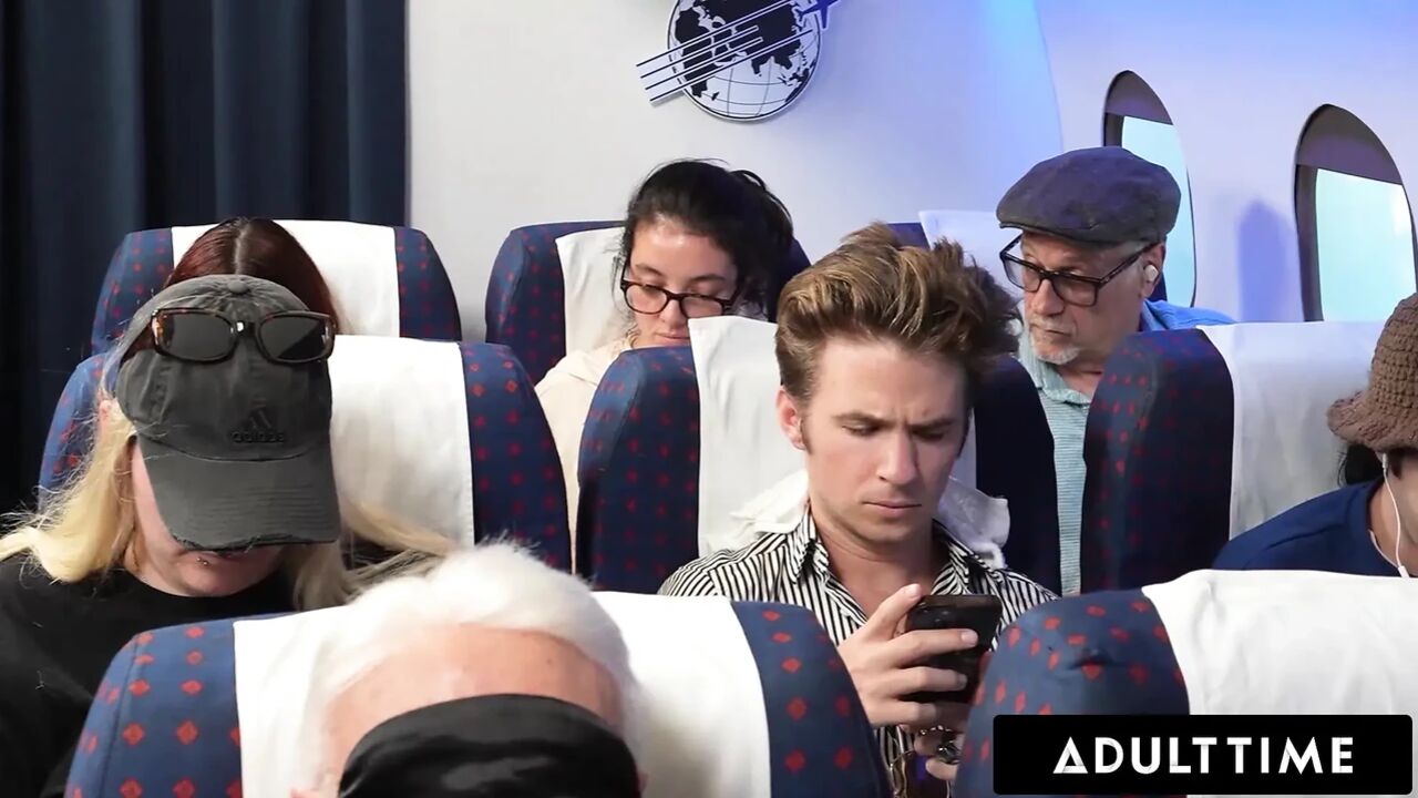 ADULT TIME - Olivia Jay Flashes Tits & Fingers Pussy On Plane! Gets Caught & Fucked Hard By Seatmate