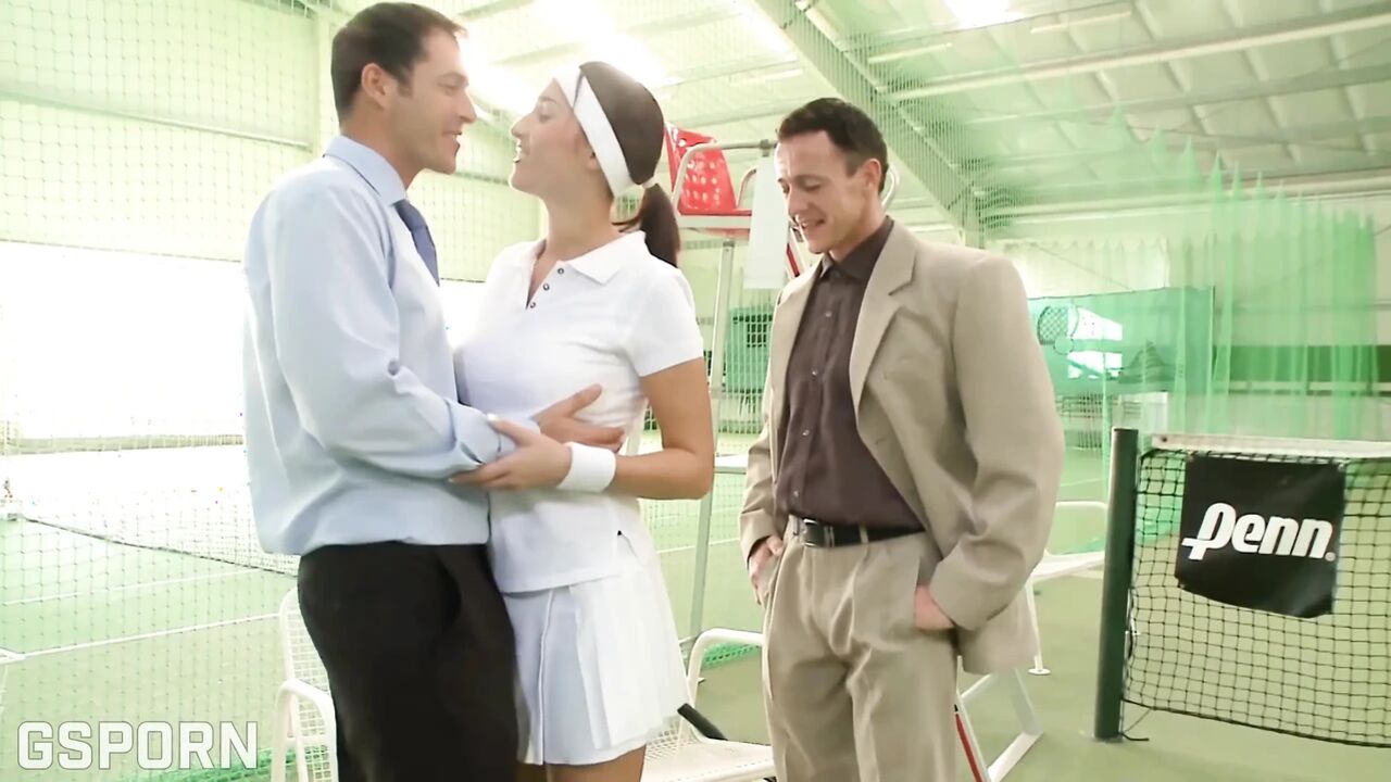 Hot Threesome with DP and Anal Sex in the Tennis Court Fucking Sex Girl