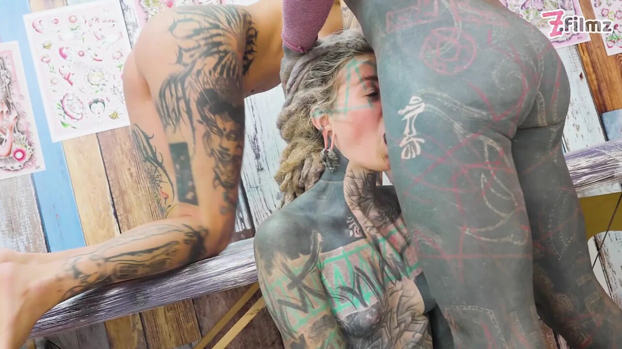Tattoo Threesome Turns Anal Heavily Inked Artist Fucks Friends Ass While Inking & Cums on Fresh Tattoo