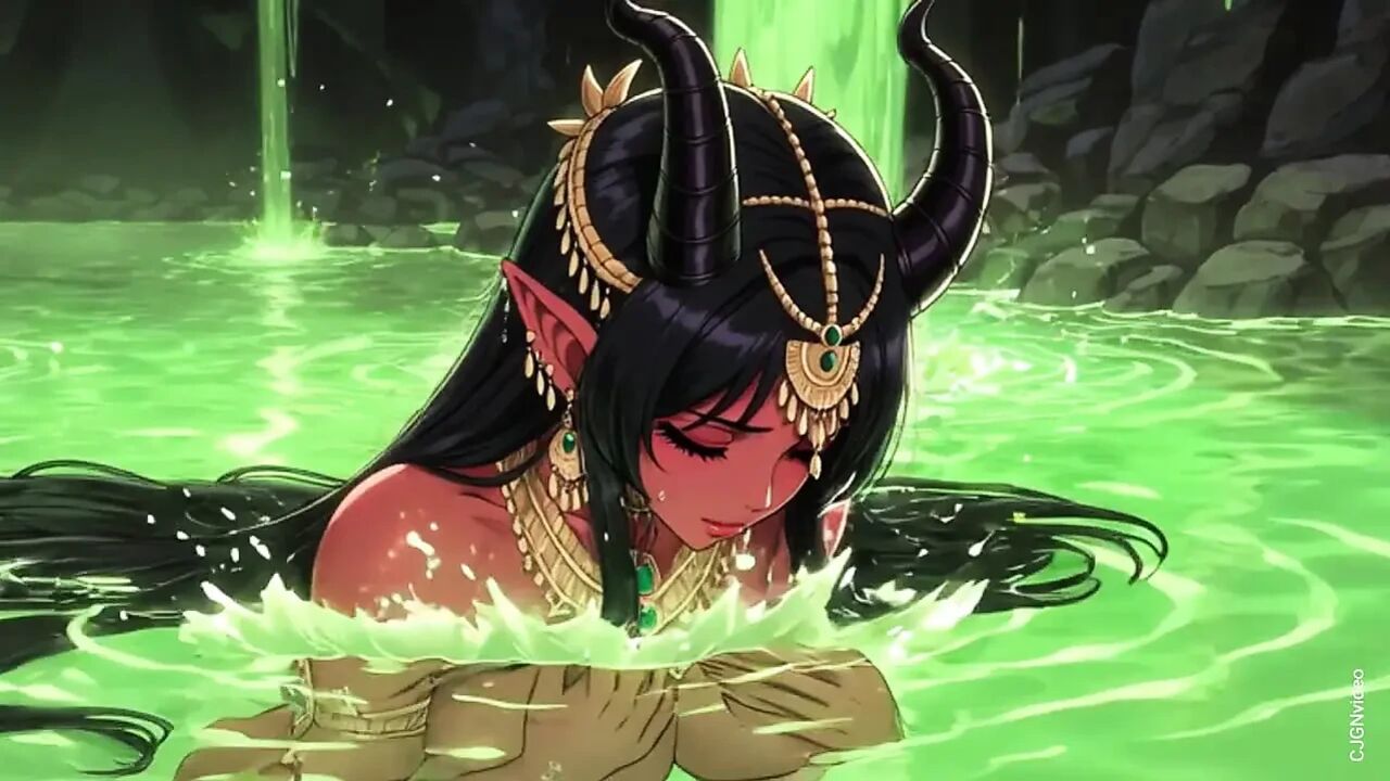 Beautiful Red Demon Lay in Green Water Bath in a Cave Compilation (Ai Animation)