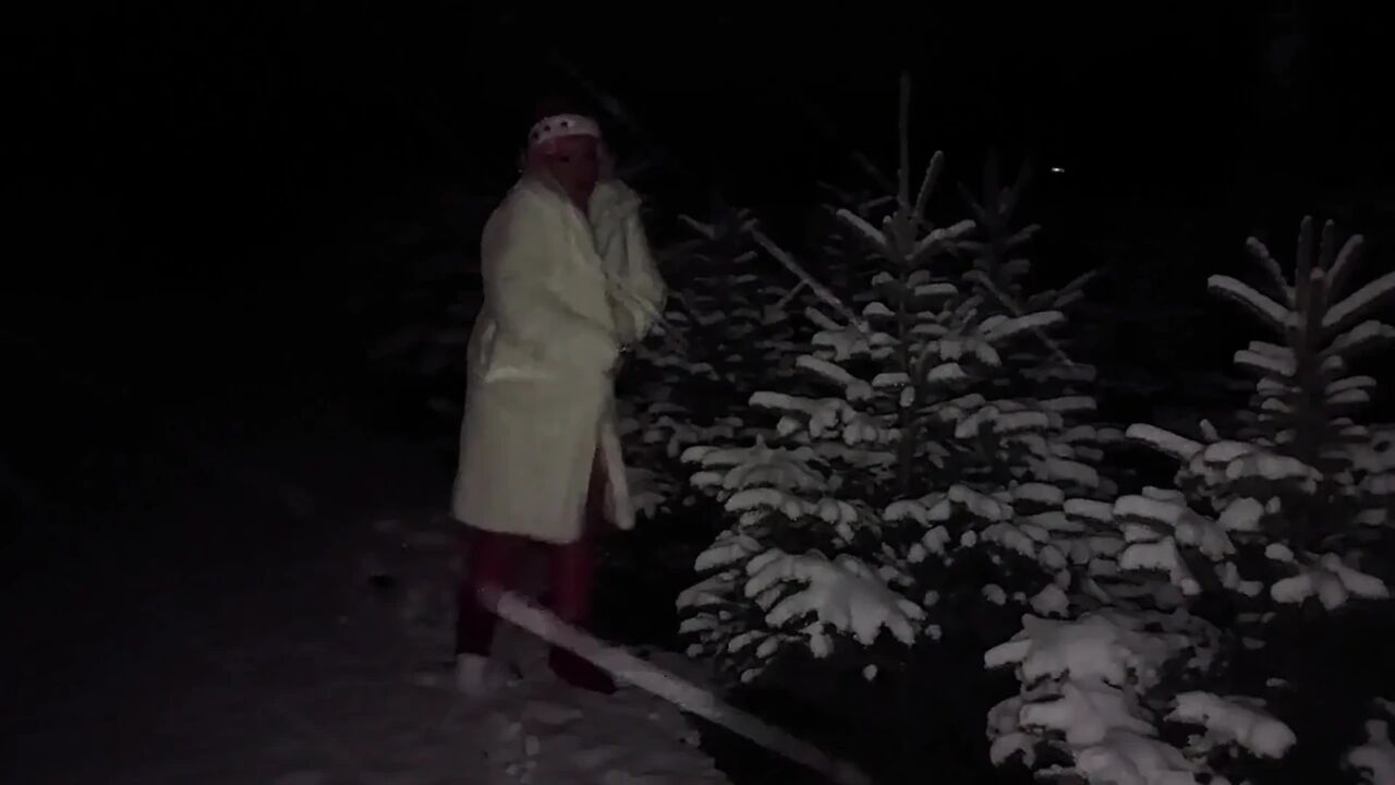 Granny Shows Her Hot Body at Night Outdoors in the Snow