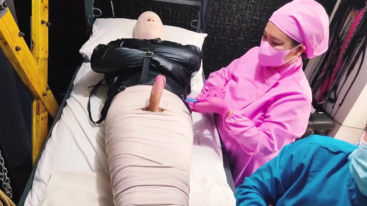 2 sadistic nurse tormenting slave with sounding