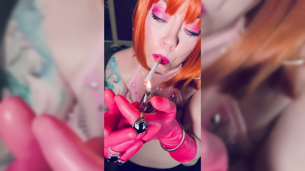 Sweet In Pink! Tina Snua Dressed In Pink Latex Gloves Smoking A Cork Cigarette - Snap Inhales Drifting Smoke OMI OME Dangles