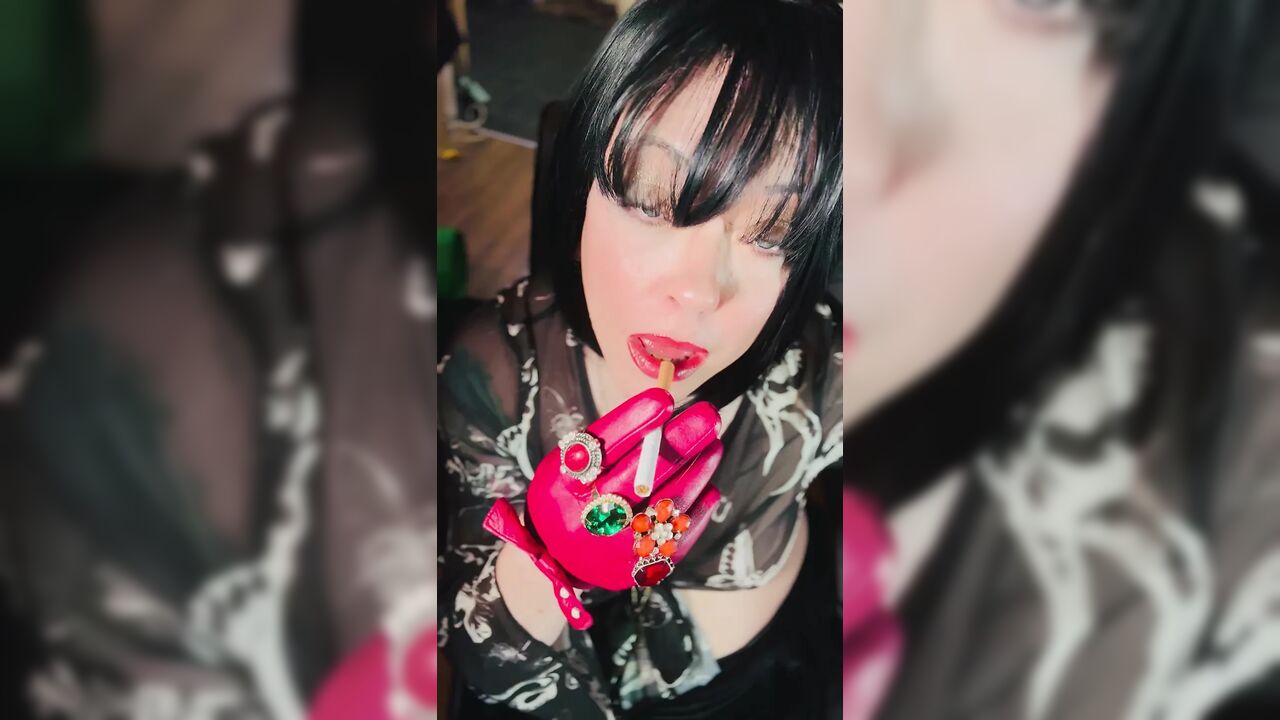 Leather Gloved Goth Tina Snua Smoking A Cork 100 Cigarette - OMI OME Snap Inhales Drifting Smoke