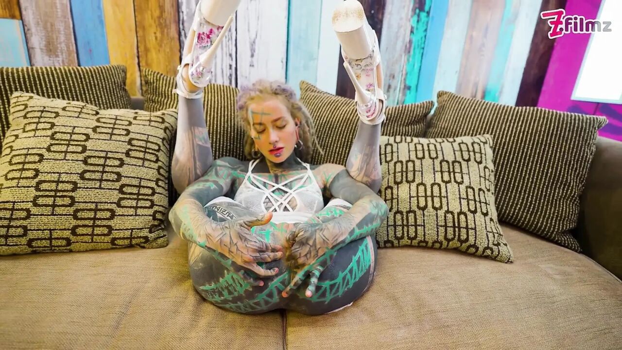 Inked Goddess in Heels & White Lace Rubs Her Pussy Like She Owns It