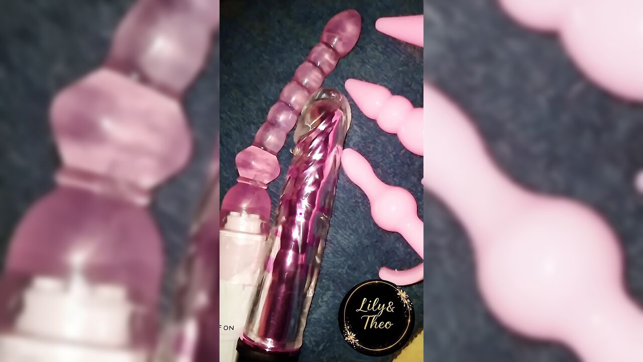 Greedy wife explores new sex toys (part 2): two vibrators in her pussy and butt plugs (both went in, the small and the big)