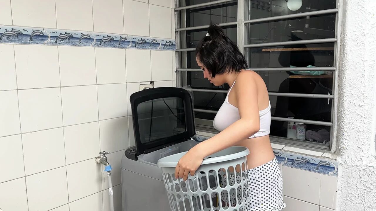 My Stepsister's Slut Is Doing Laundry so She Takes the Opportunity to Take off My Boxers and Suck My Huge Cock.
