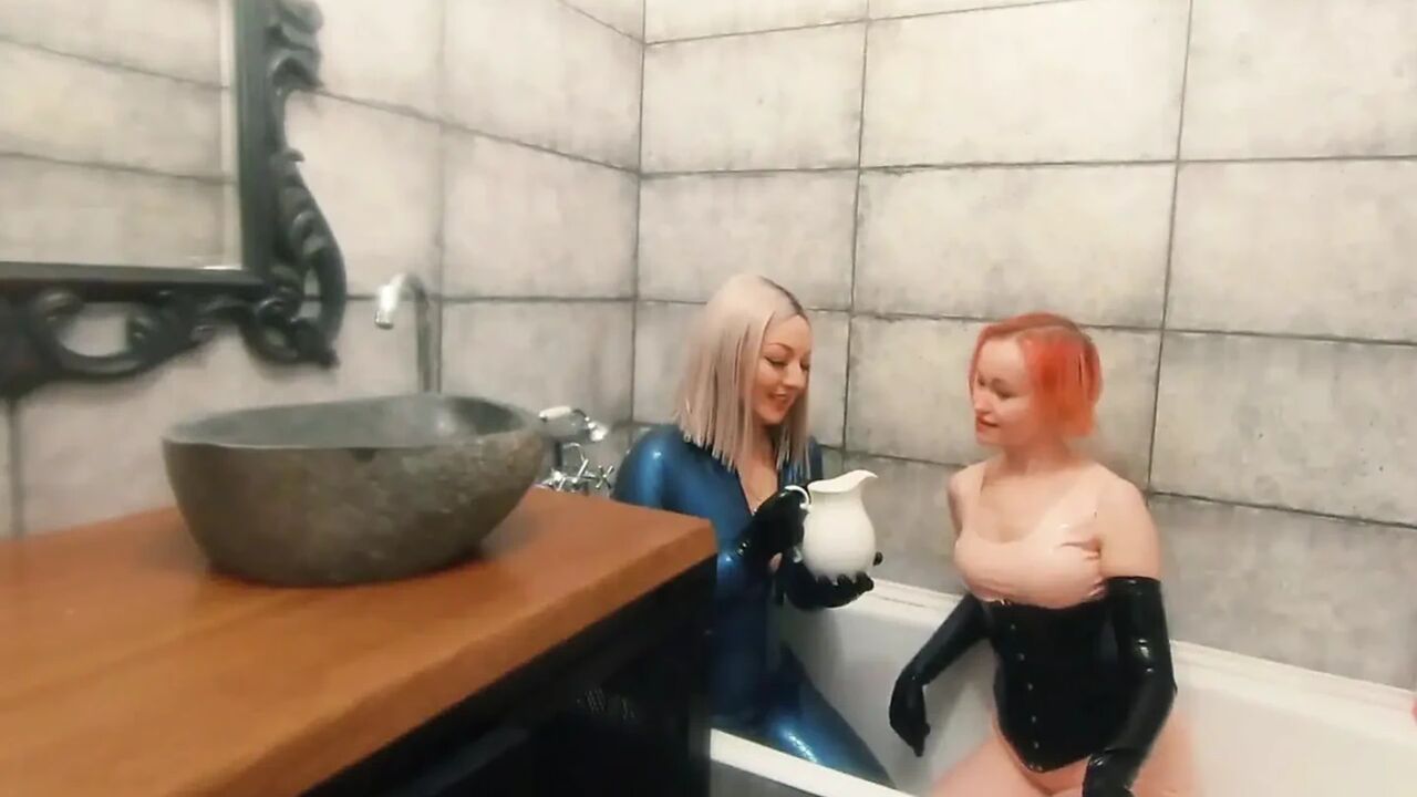 Bath Relax in Latex Rubber with Milk, Romantic Funny Fetish Video