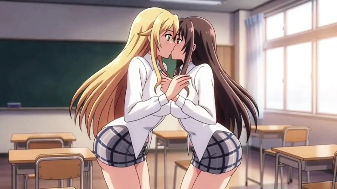 Two Girls in Uniforms. Hot Kiss
