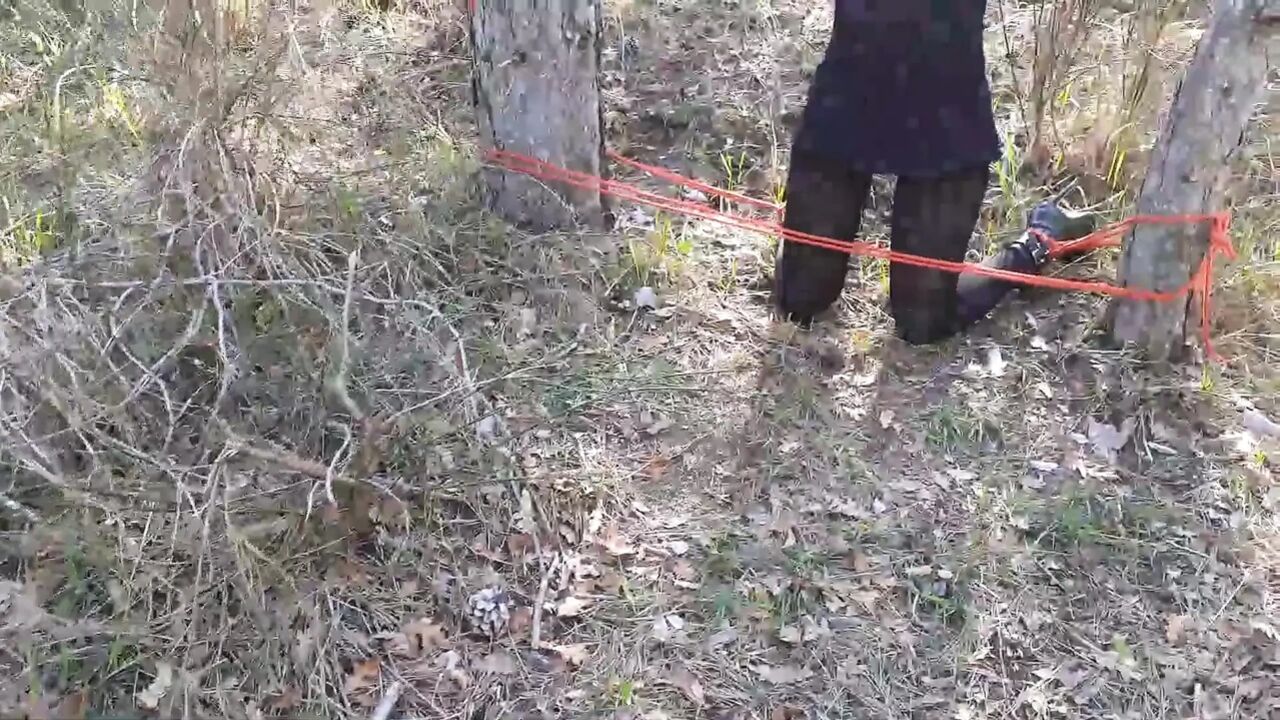 Outdoor sex in the wood. Wearing sexy clothes and high heels, bound, throated and fucked
