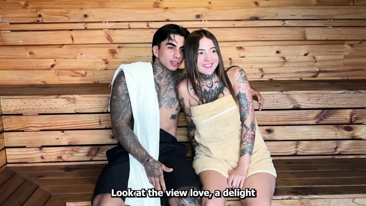 My neighbor leaves me alone with her boyfriend and we end up fucking in the sauna