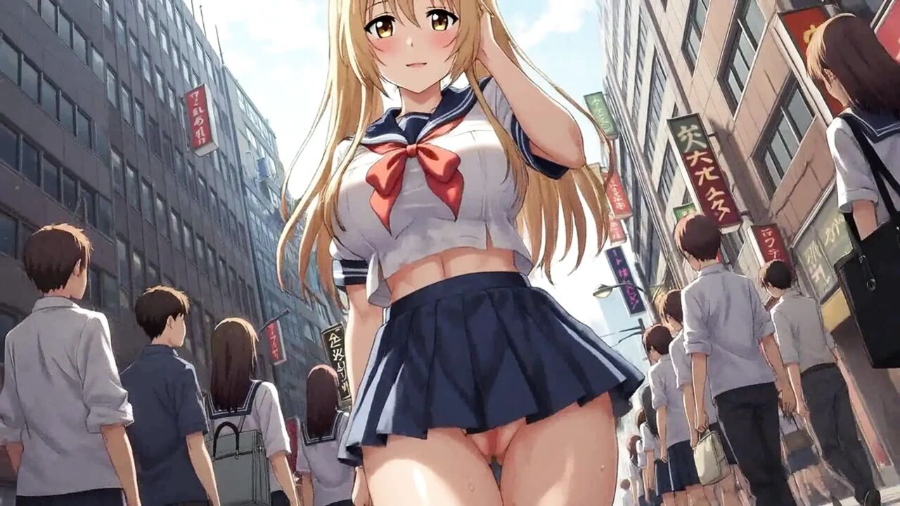 Walking on a lively street with her lower body exposed