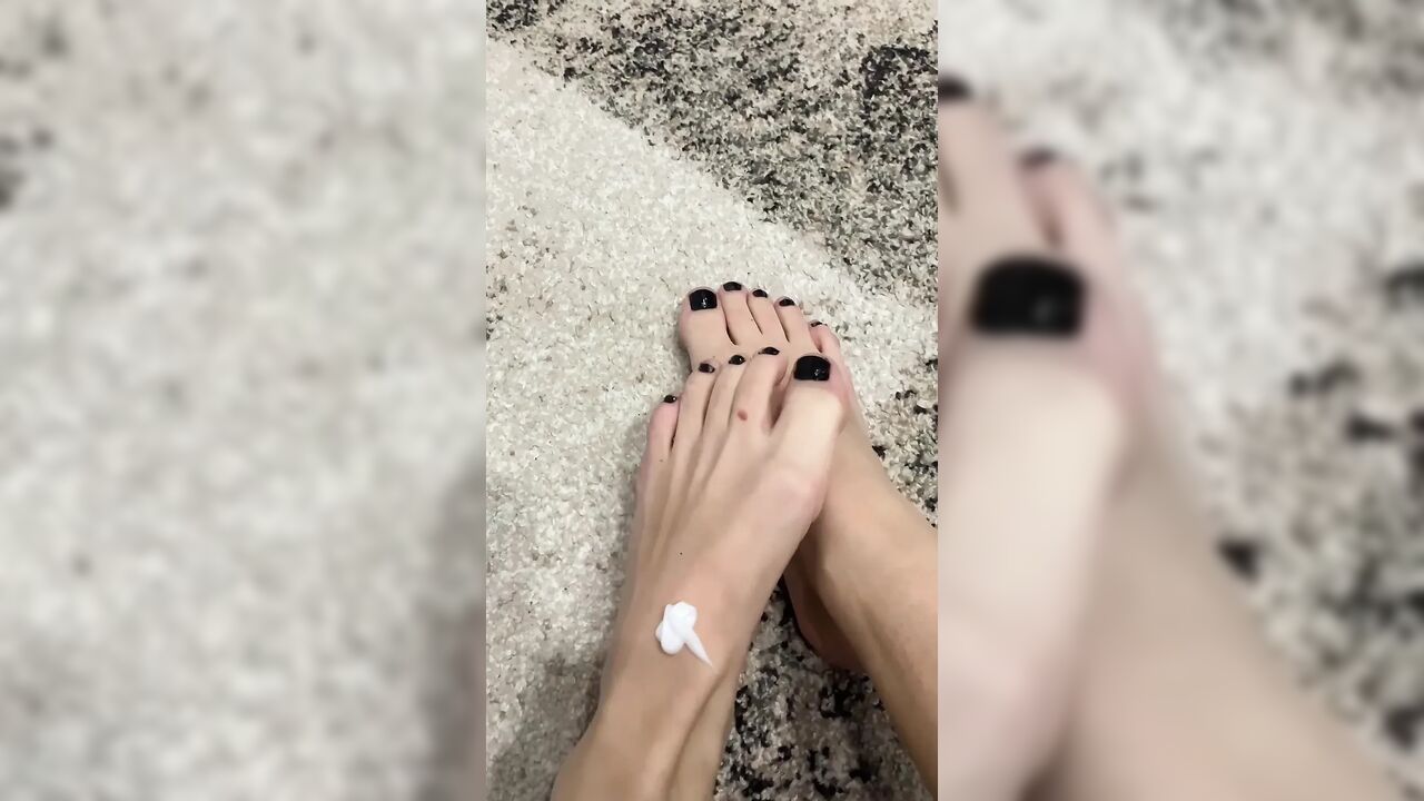 Playing with my feet with a body oil and cream