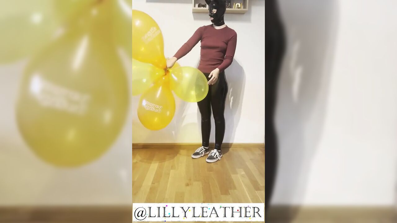 Looner Girl Pops Out 4 Balloons in Cute Outfit and Kitty Latex Mask