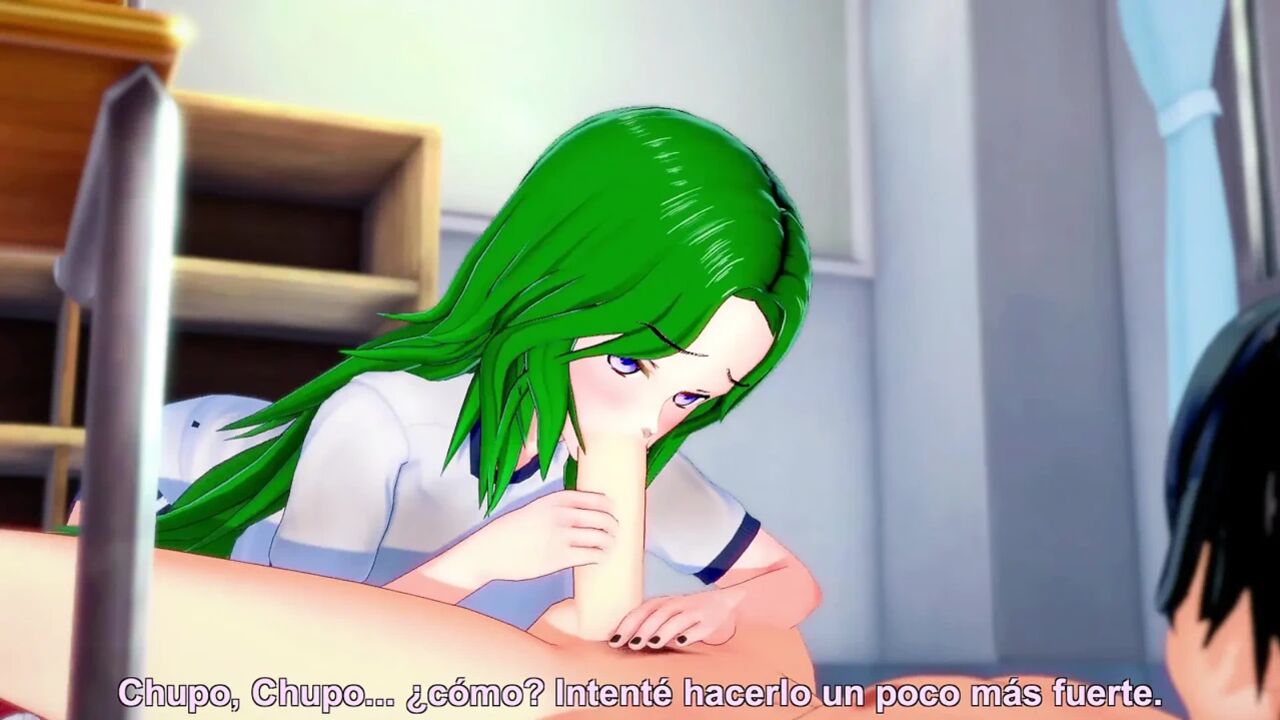 Busty green-haired schoolgirl has sex with her boyfriend after Hentai classes