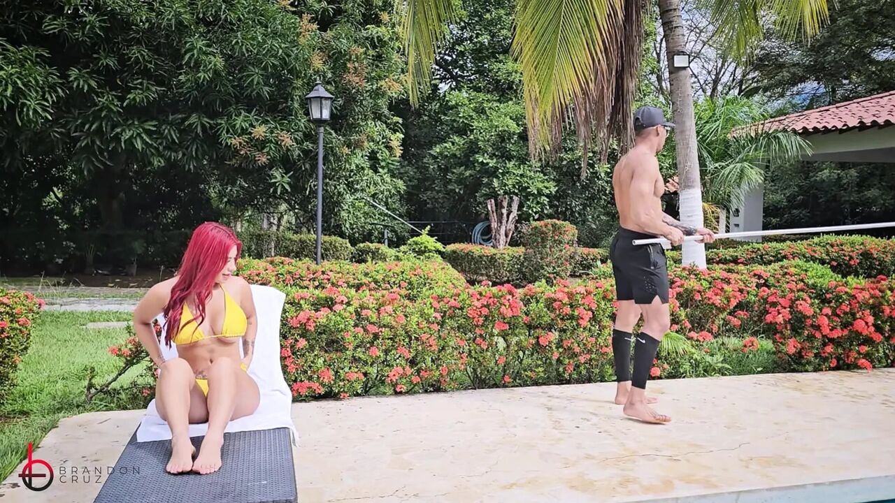 Pool attendant gives his redheaded boss a blowjob outdoors - Brandon Cruz & Alejandra Palacios