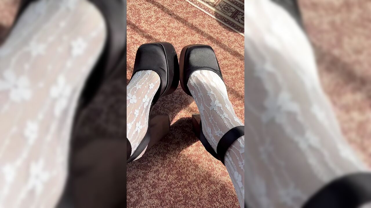 White stockings and high heels on my feet