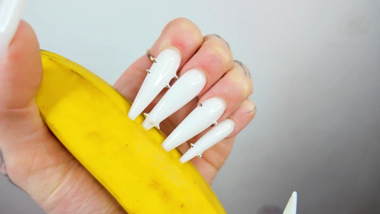 Long White Nails Scratching And Destroying Banana Like Dick