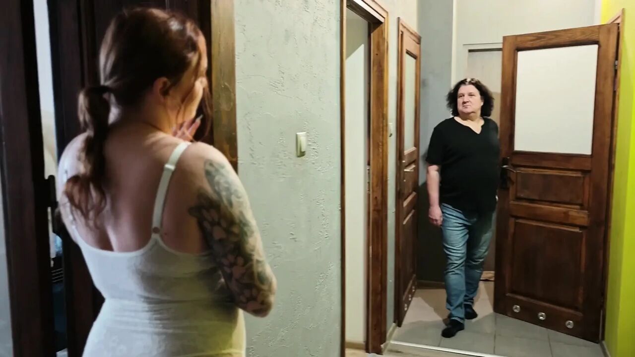 Busty Beautiful Student Girl Sucks off Fat Landlord for Rent, and He Cums in Her Mouth Until It Leaks