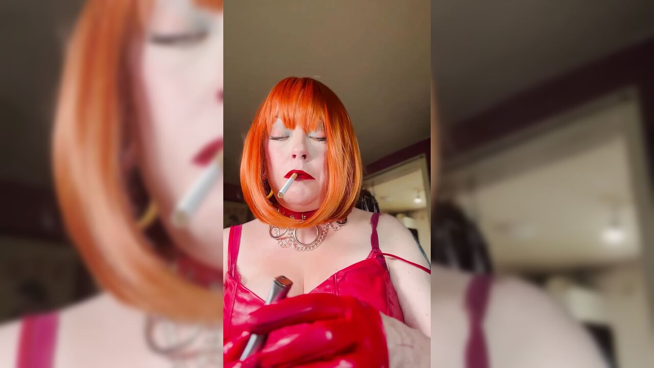 Redhead Tina In Red Leather Dress & Gloves Smoking A Cigarette With Lots Of Dangling, OMI, OME, Snap Inhales
