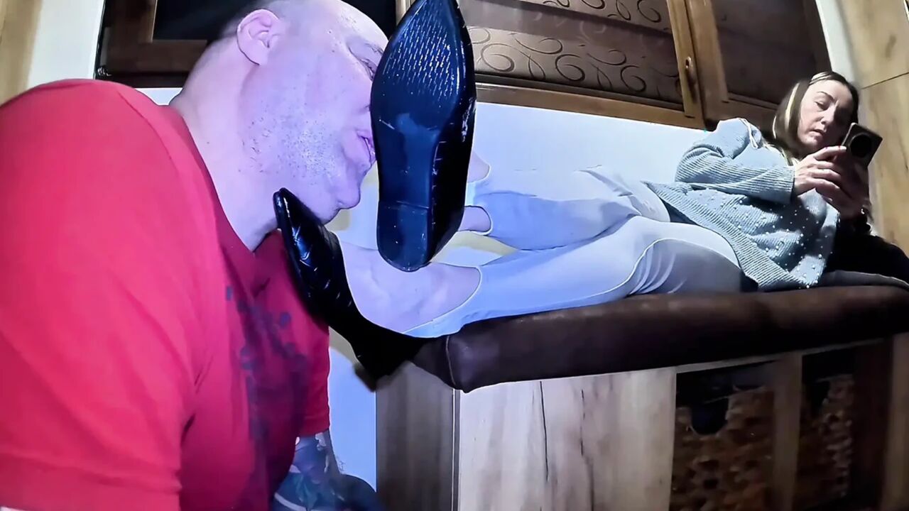 At the Mistress’s Feet.the Slave Worships Her Ballet Flats