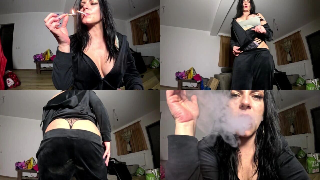 Velvet Tracksuit Tease – Smoking, Big Tits & Black Thong Flash
