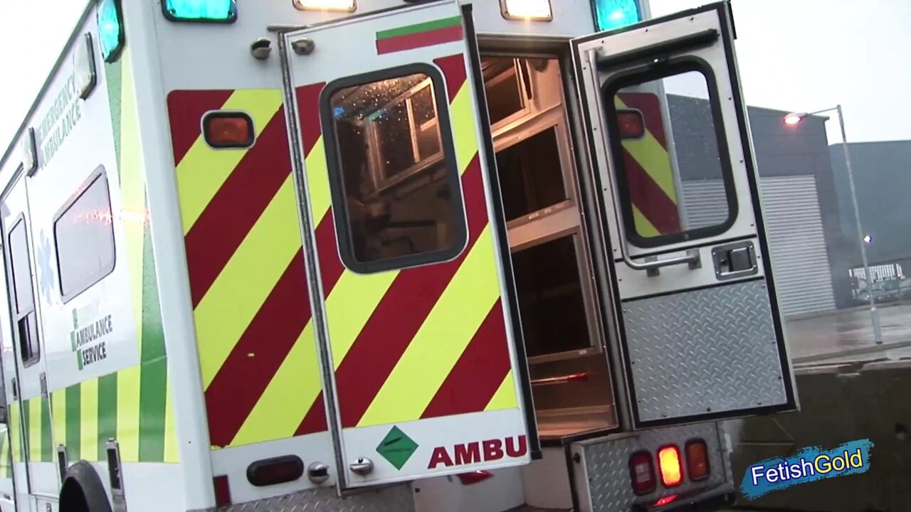 Two naughty nurses fuck hard with two older guys in the ambulance