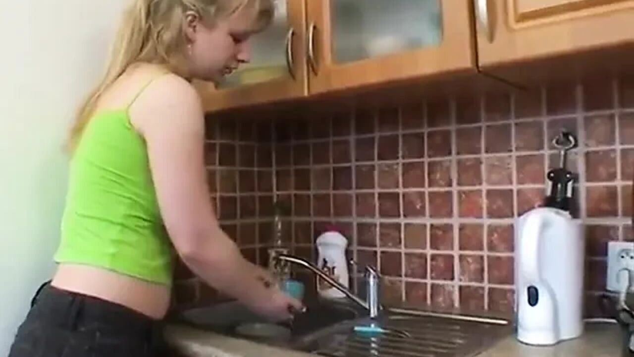 Busty young house wife gets ass slammed in the kitchen by old dude