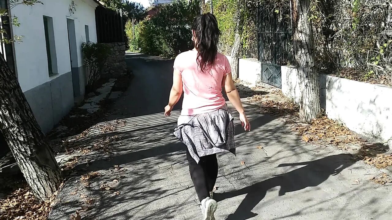 Horny brunette suck my dick in the street, risky outdoors