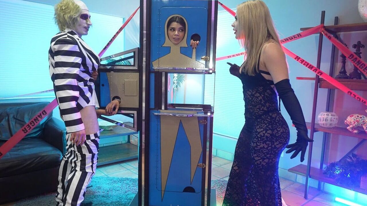 Cosplay Threesome - Bettlejuice, Wednesday Addams and Her Big Tits Stepmom