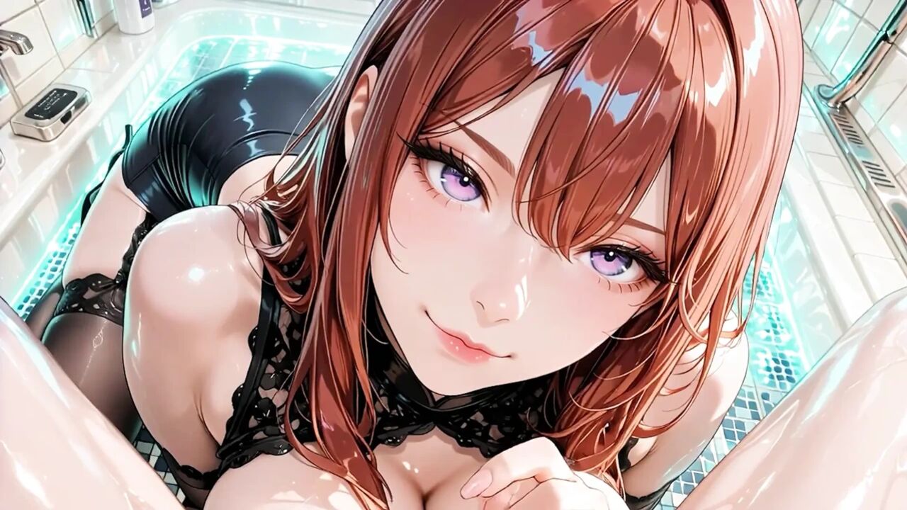Redhead Anime Waifu in Black Lingerie and Sheer Stockings – Bathroom Fantasy