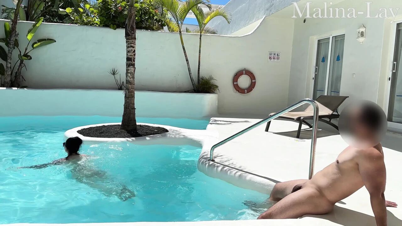 at the nudist pool, foreign sperm swallowed