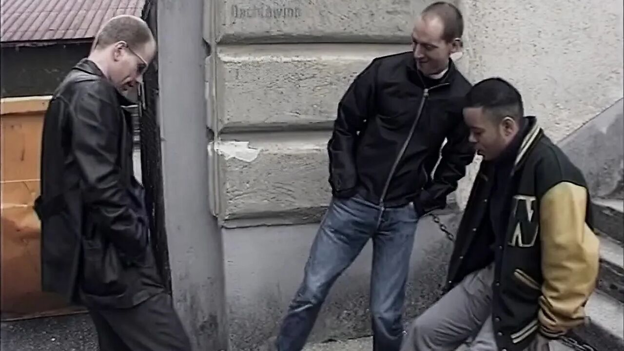 Blonde Is Fucked by Three Guys in the Video Store and Has to Blow