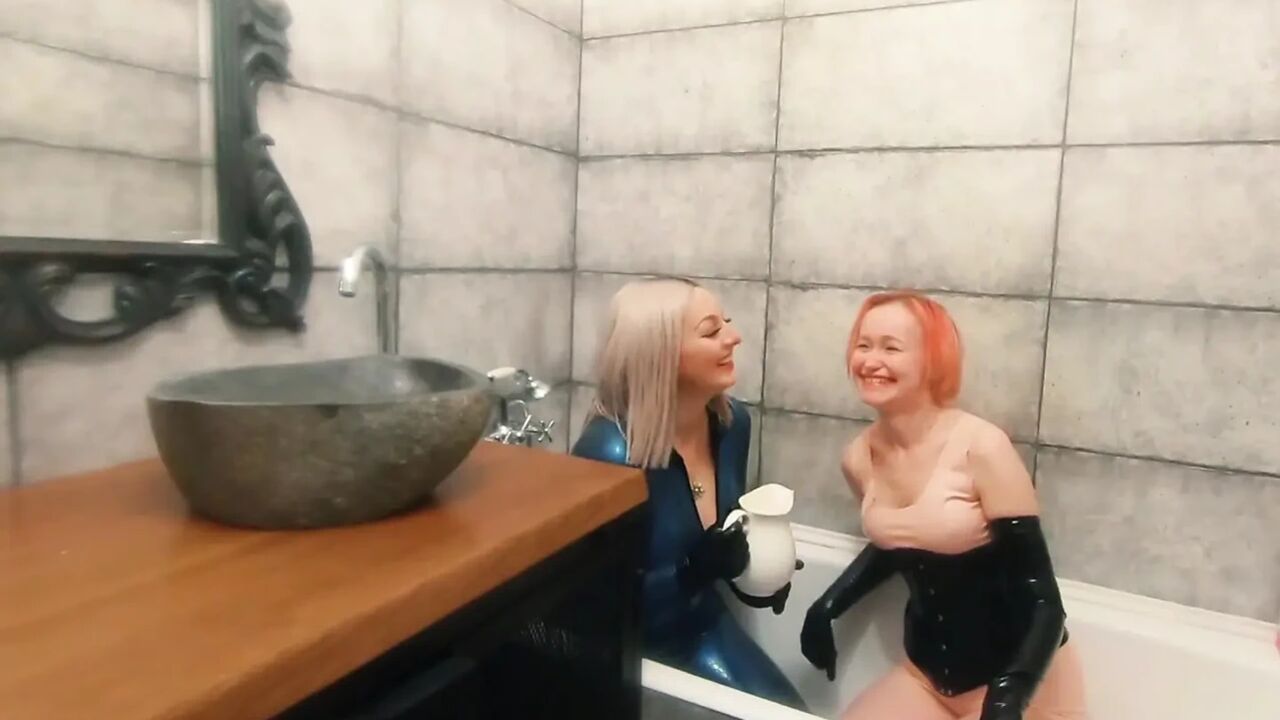 Bath Relax in Latex Rubber with Milk, Romantic Funny Fetish Video