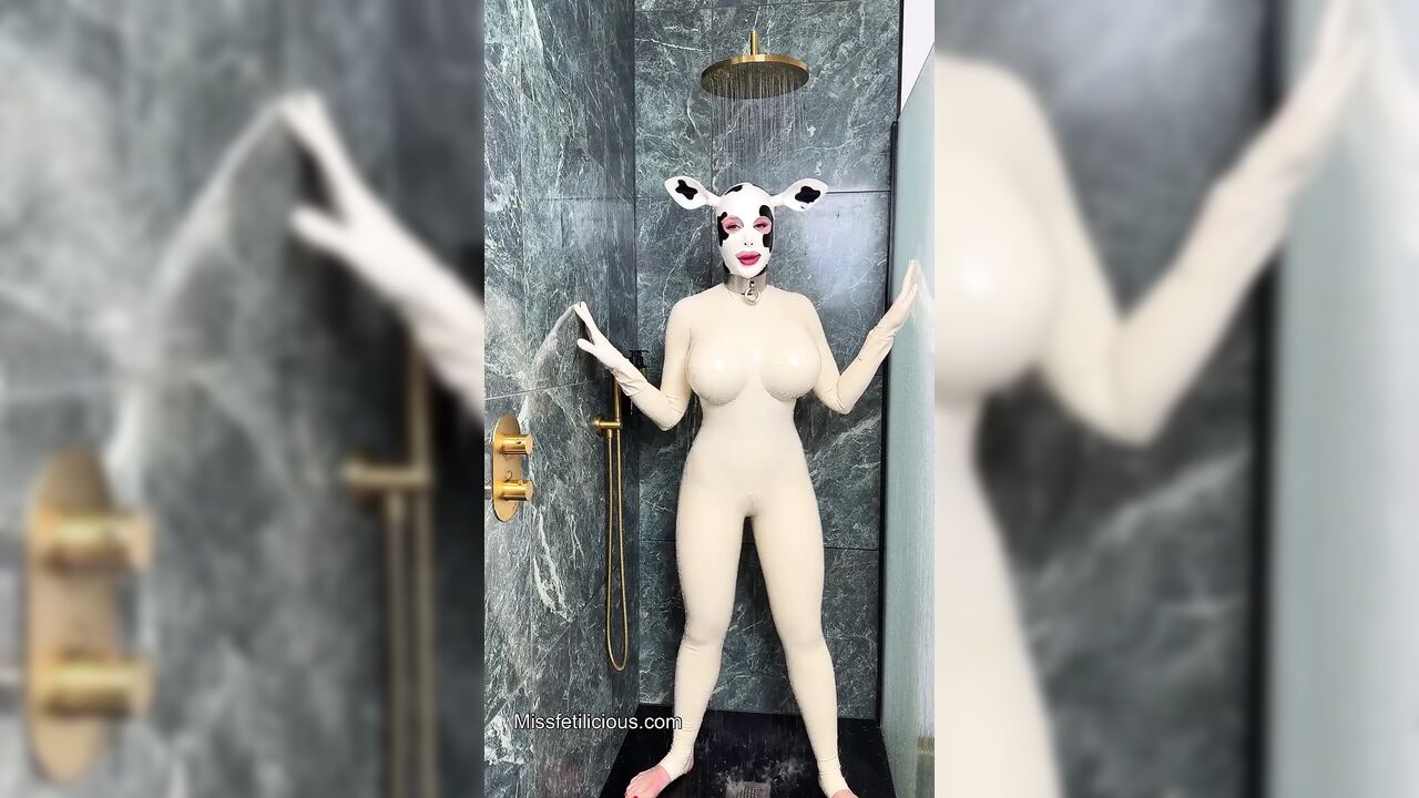 Latex Cow Undressing Under the Shower