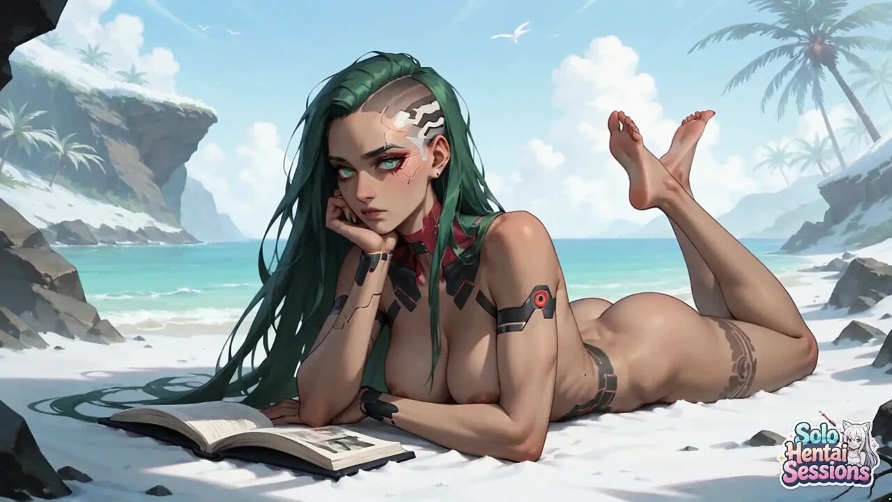 Green Hair Cybernetic Babe Sips Coffee on the Beach