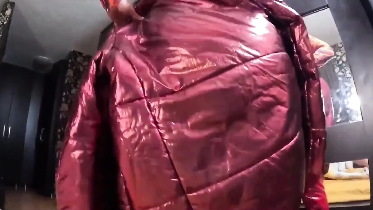 Red Nylon Jumpsuit Fetish Cameltoe Tease, Deep Blowjob and Cum on My Downjacket