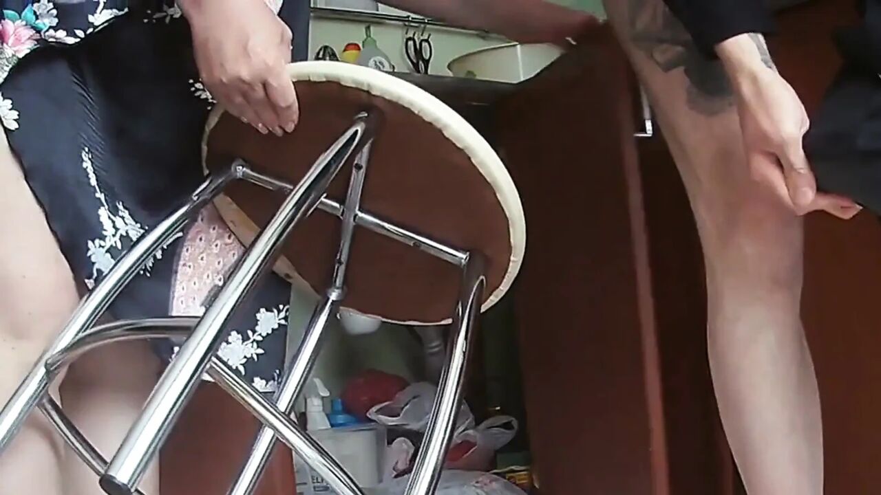 Fat neighbor fucked in pussy and mouth in the kitchen.