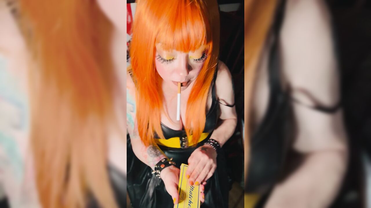 Hot Ginger Beauty, Tina Snua, Smoking A Cigarette In A Leather Dress - Snap Inhales OMI OME Drifting Cough
