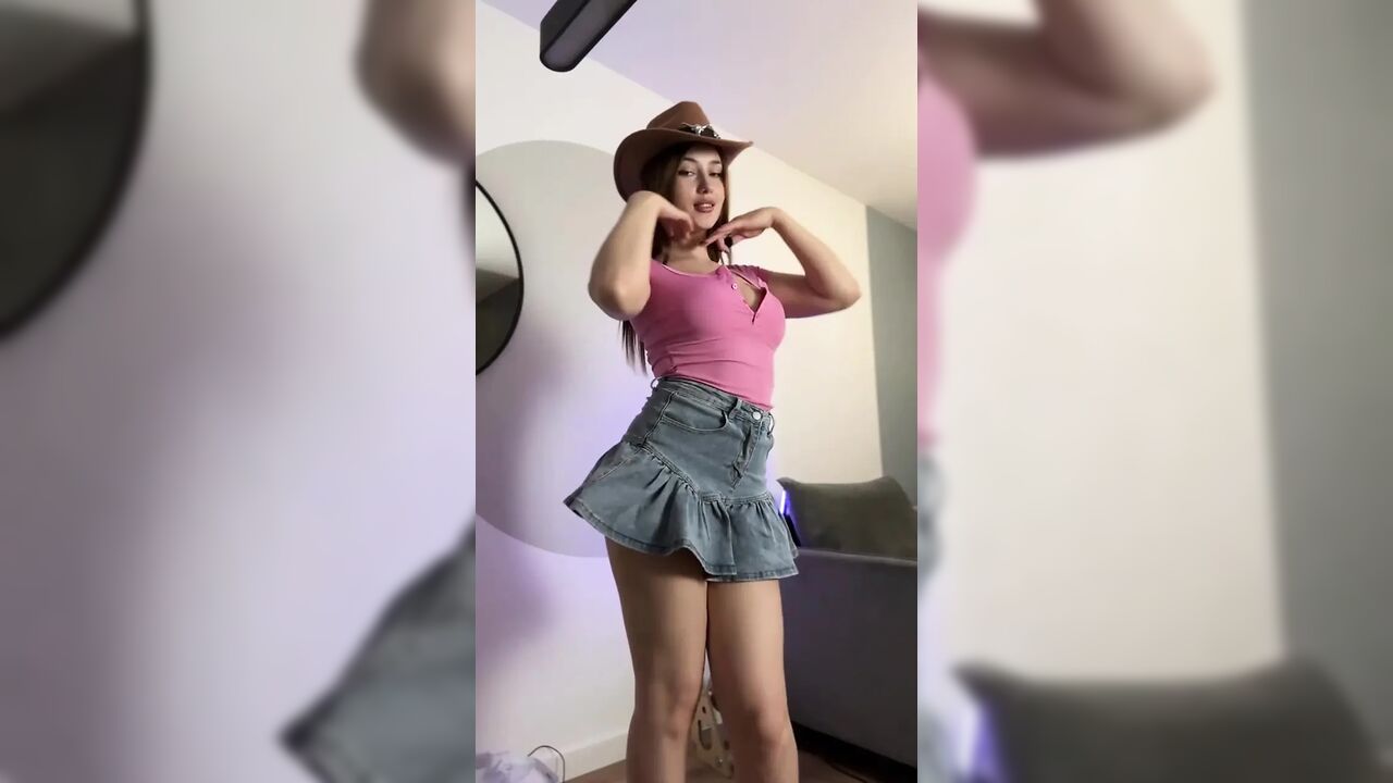 Young Blonde Flashes Wet Pussy Under Denim Skirt and Dances Link in bio.