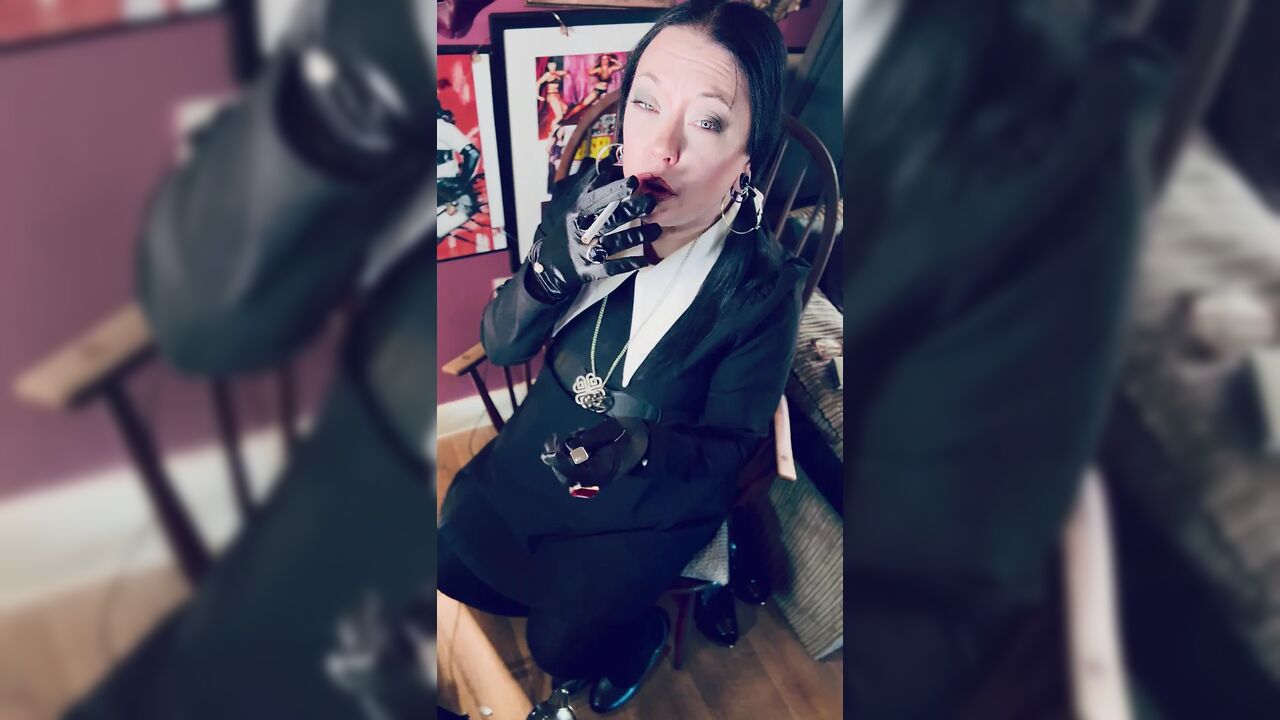 Wednesday Addams, Tina Snua, Chain Smokes 2 Cigarettes In Satin Gloves - Smoking Smoker Drifts Snap Inhales OMI OME Tip To Tail