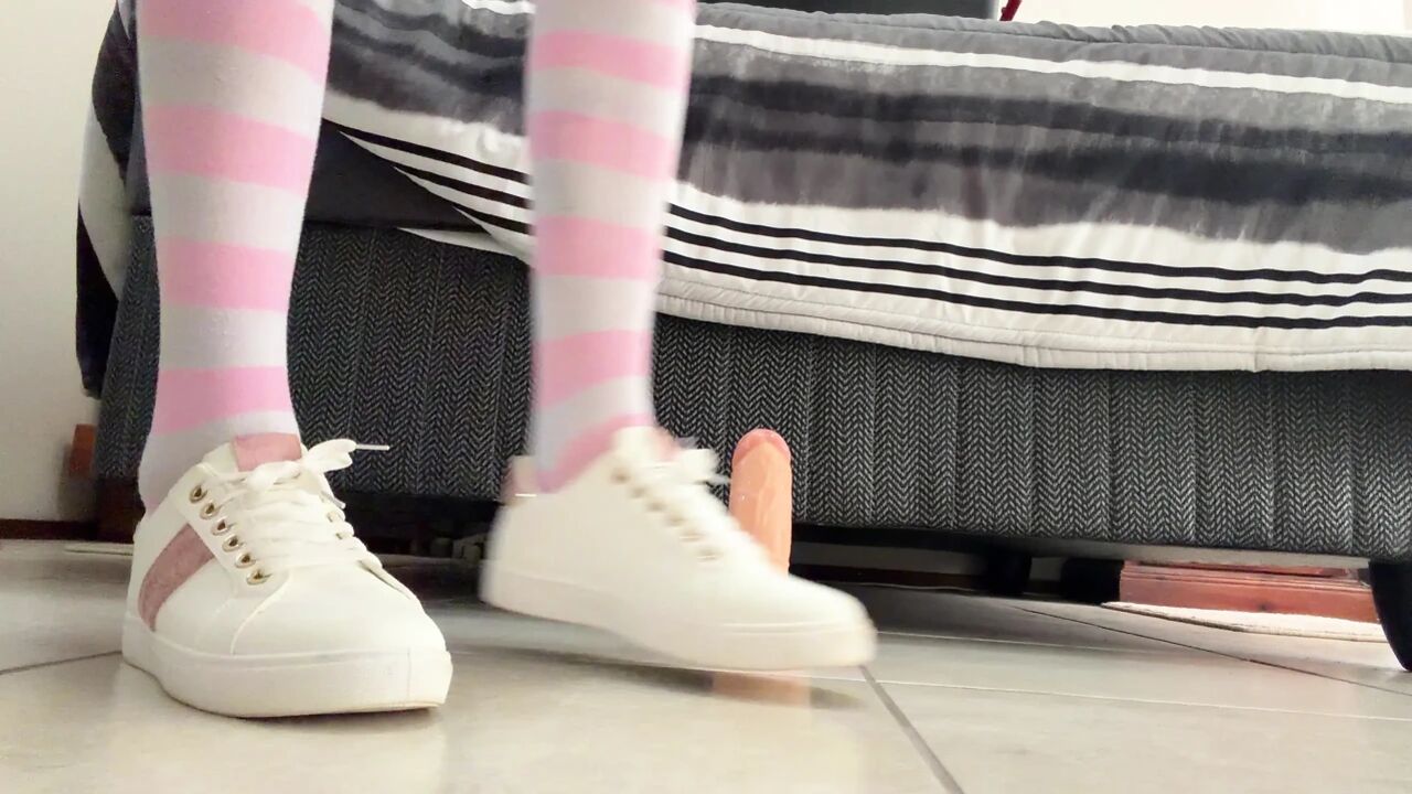 Femboy Riding a Dildo. Locked in Chastity While Wearing Thigh High Socks