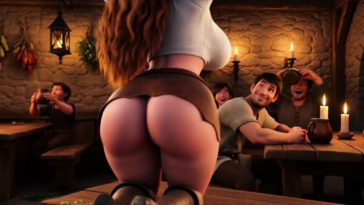 Hot Sensual Platinum Blonde Barmaid Flirty Wild Night In Bustling Medieval Fantasy Tavern With Cheerful Patrons