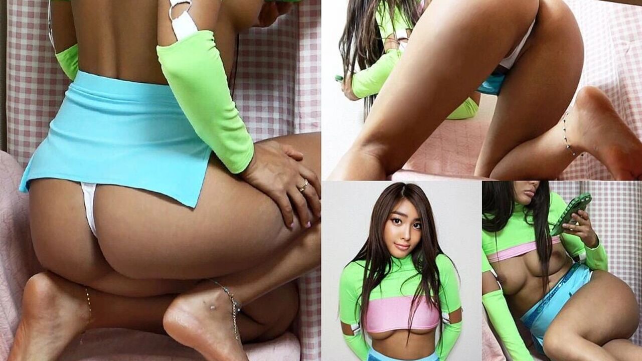 Tanned Thighs, Legs, and Big Tits, Watch Japanese Surfer Girl in Miniskirt, Short Tank Top, Thong Panties From Under the Desk