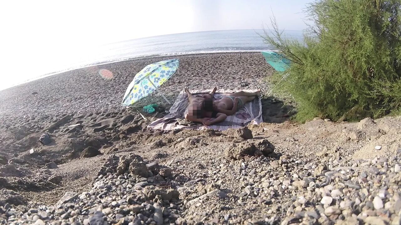 Exhibitionist Wife Outdoor Amateur MILF Blowjob & Handjob Big Cock on Nudity Beach in Front of Follower with Cum