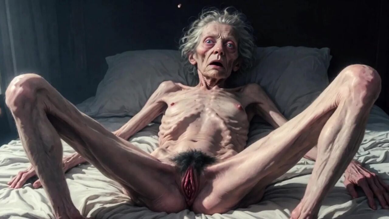 A 90-year-old anorexic woman is having orgasms and masturbating with her hairy pussy.