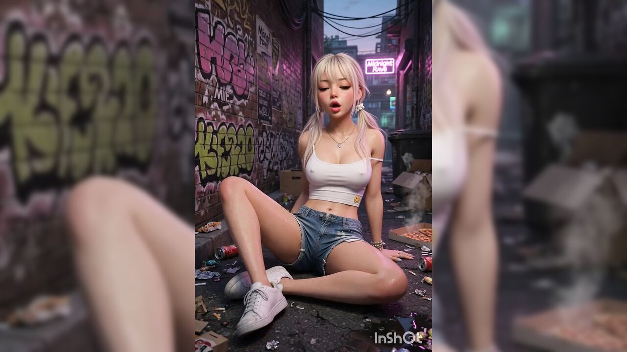 Blonde in public alley, masturbates on the floor with braces and white top