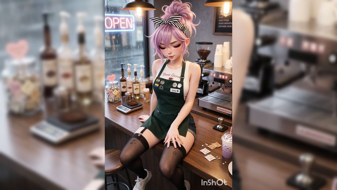 Hot sexy tiny barista is waiting for her customer, mastubrating