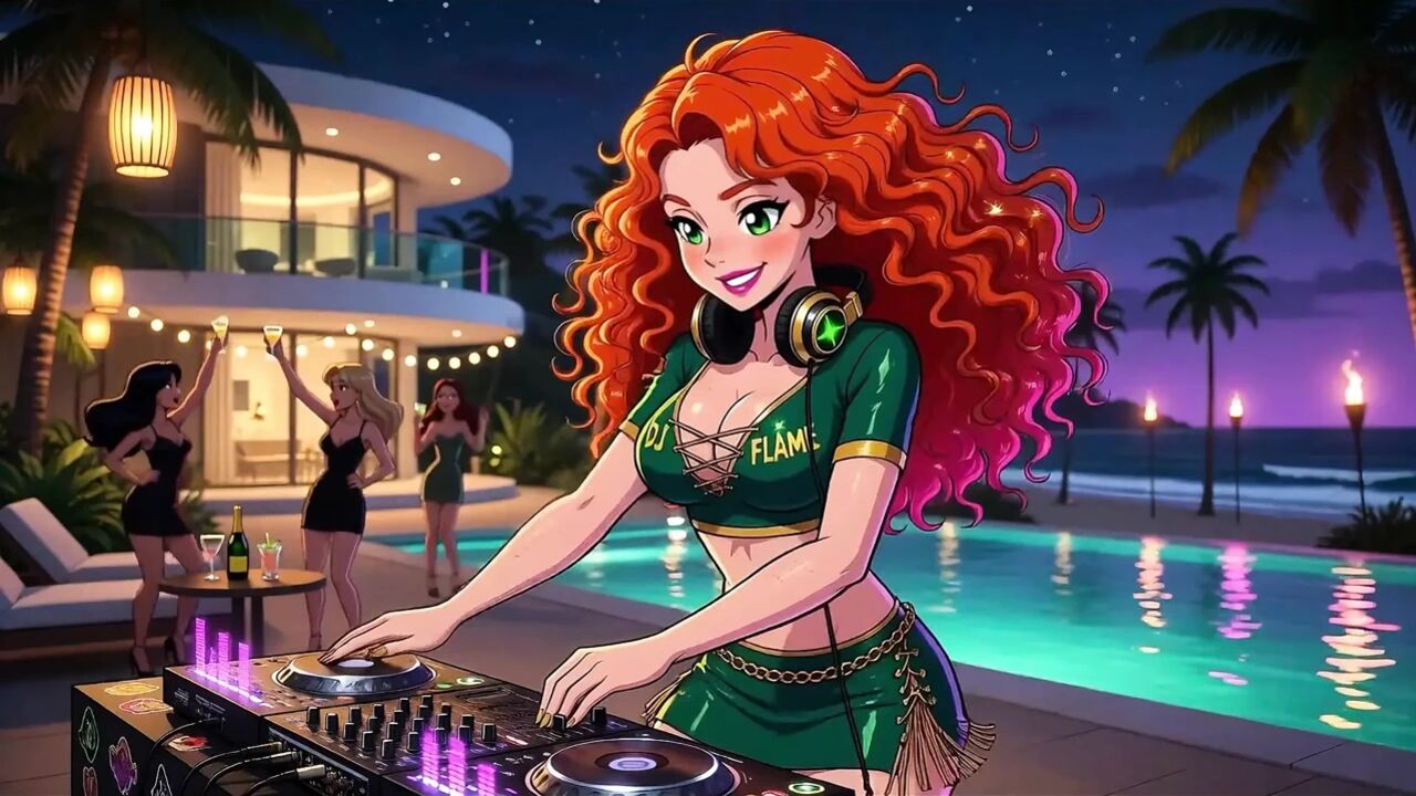 AI- DJ Girls in Private Exclusive Party - Beach Sunset + Tron Futuristic + Tokyo Neon